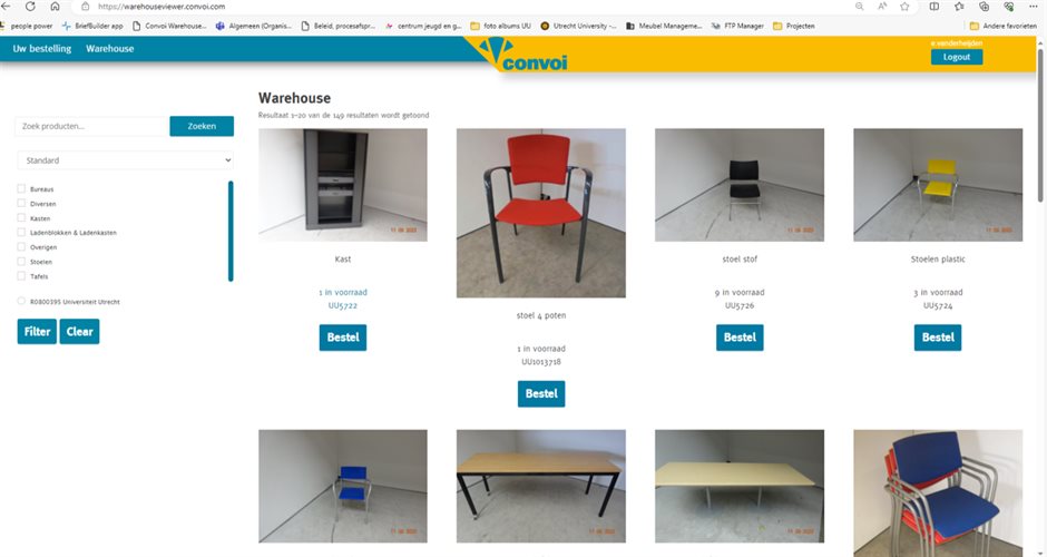 Webshop Circulair Meubilair met foto's van meubels die inkopers van de UU gratis kunnen bestellen.